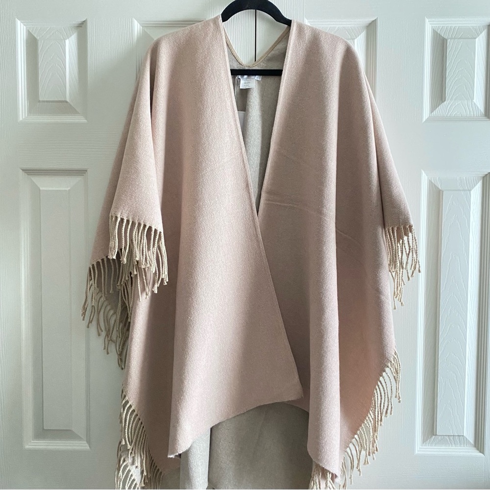 ZIGHILLI COTTON BLEND DOUBLE KNIT FRINGE TRIM REVERSIBLE RUANA SHAWL Blush Beige